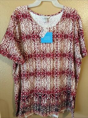 CJ Banks Red Cream Patterned Short Sleeve Scoop Neck Top